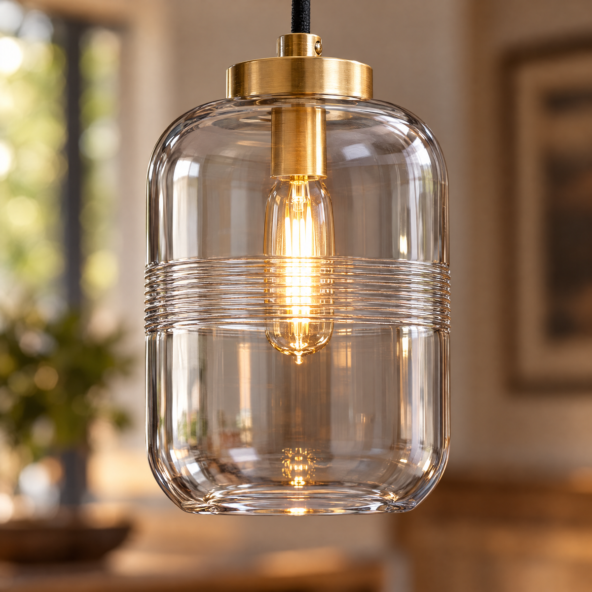 Threaded Glass Pendant Light, Copper Dimmable close-up detail