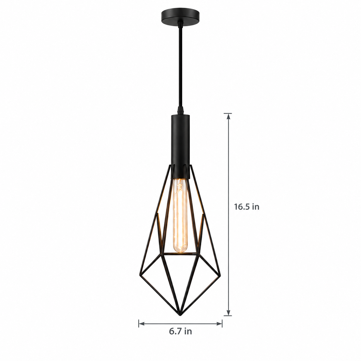 Black Wire Cage Pendant Light, Vintage on white with dimensions