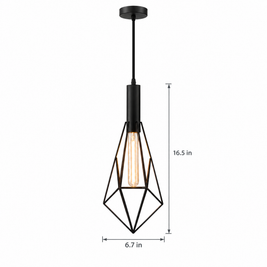 Black Wire Cage Pendant Light, Vintage on white with dimensions