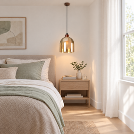 Double Glass Pendant Light, Brown Wood in a bedroom
