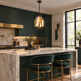 Double Glass Pendant Light, Brown Wood in a kitchen