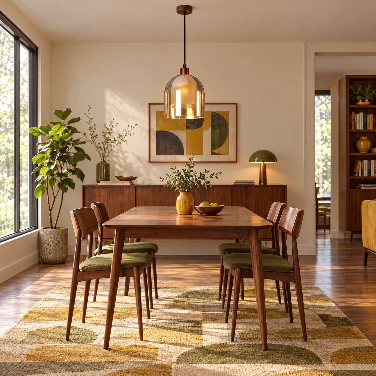 Double Glass Pendant Light, Brown Wood in a dining room