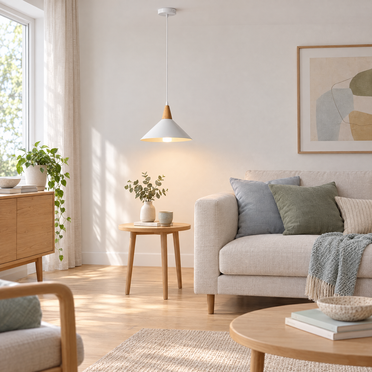 White Cone Pendant Light with Wood Top in a living room