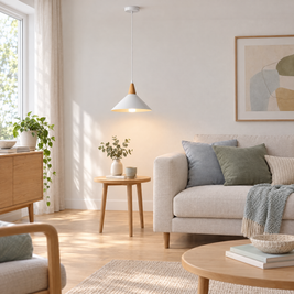 White Cone Pendant Light with Wood Top in a living room