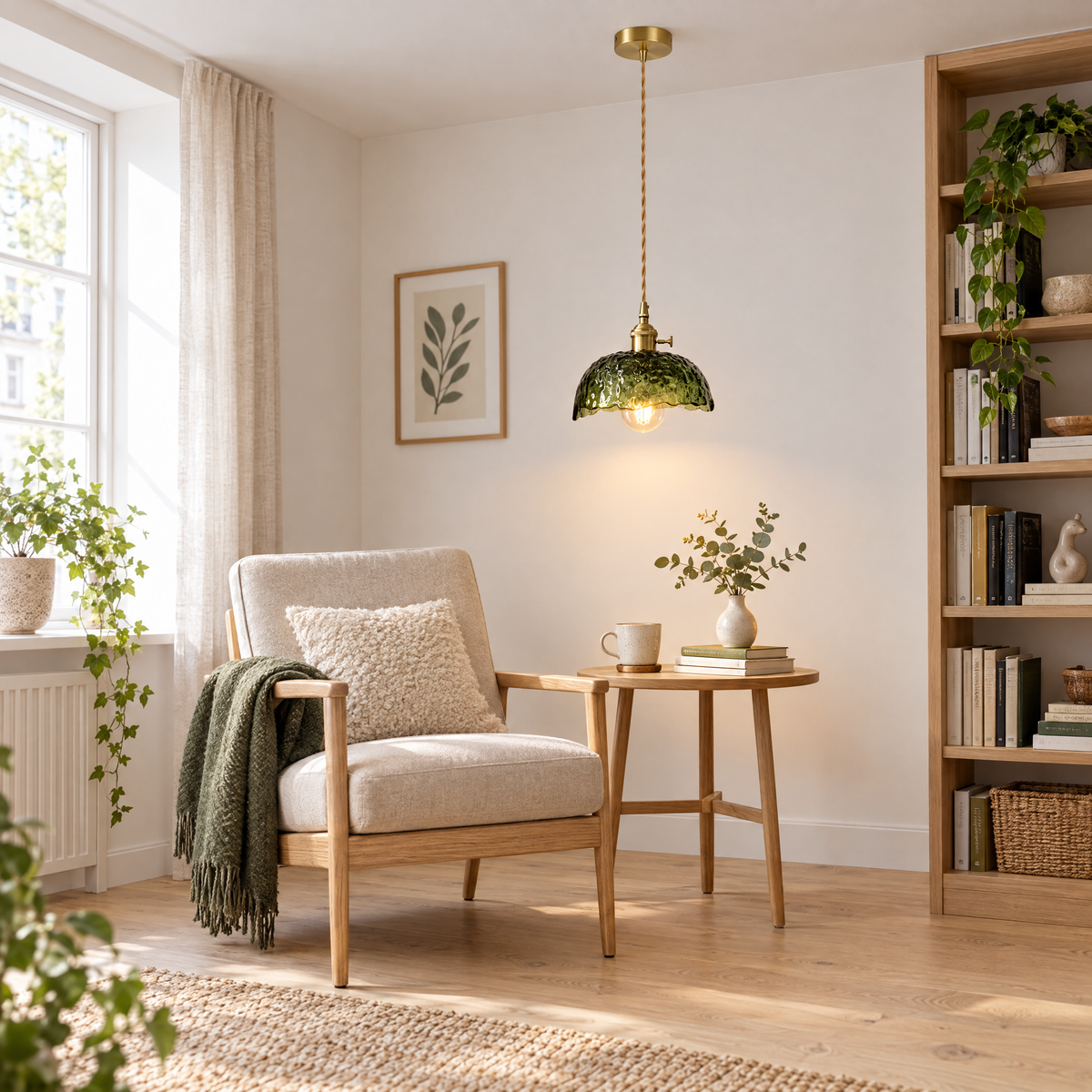 Hammered Glass Pendant Light, Green & Brass - Dark green chandelier in a reading corner