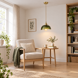 Hammered Glass Pendant Light, Green & Brass - Dark green chandelier in a reading corner