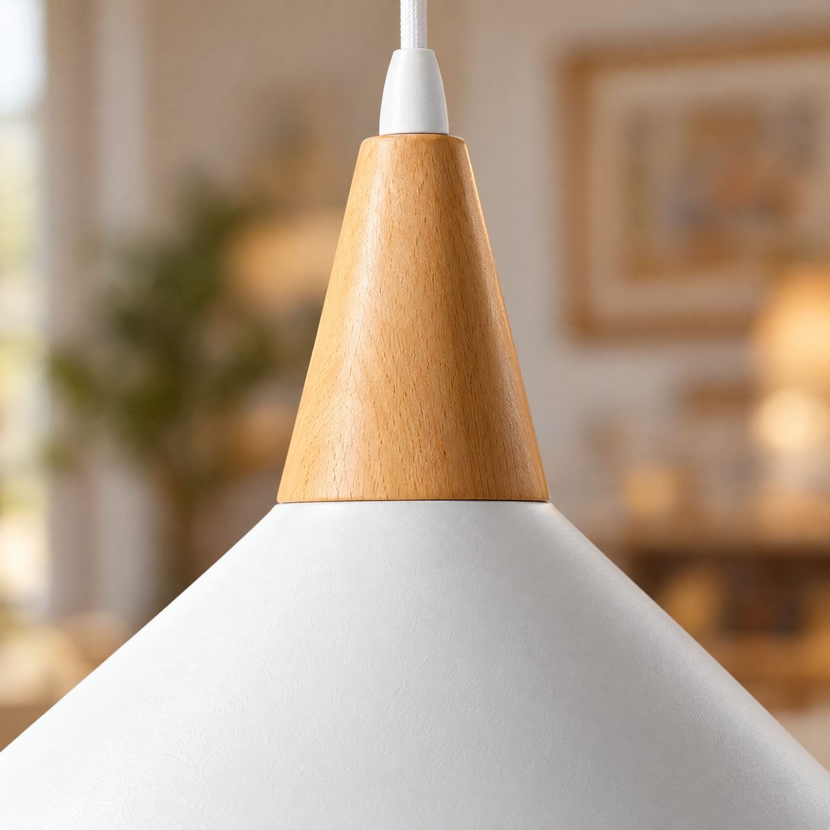 White Cone Pendant Light with Wood Top close-up detail
