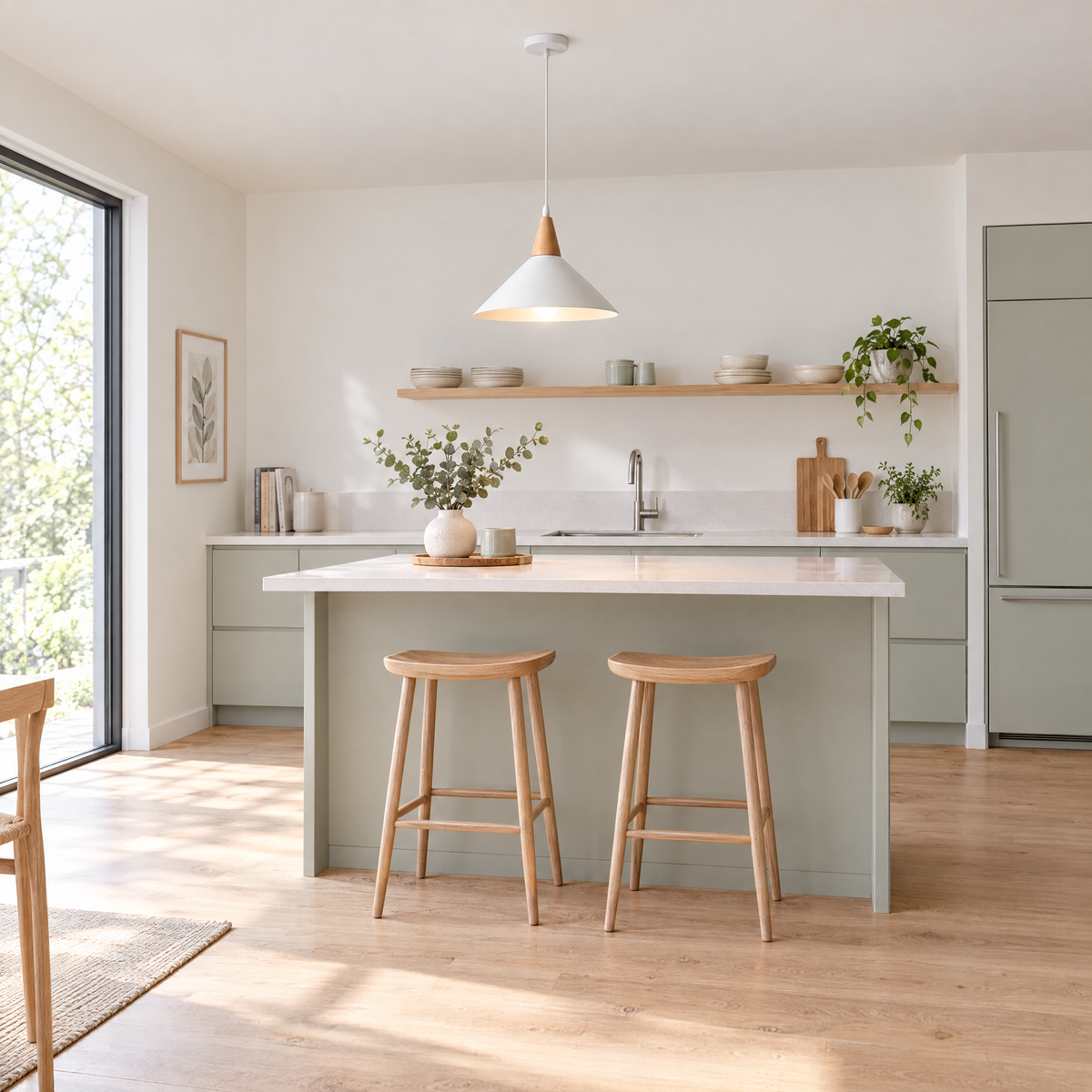 White Cone Pendant Light with Wood Top in a kitchen