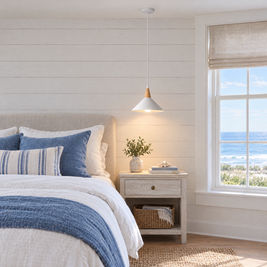 White Cone Pendant Light with Wood Top in a bedroom