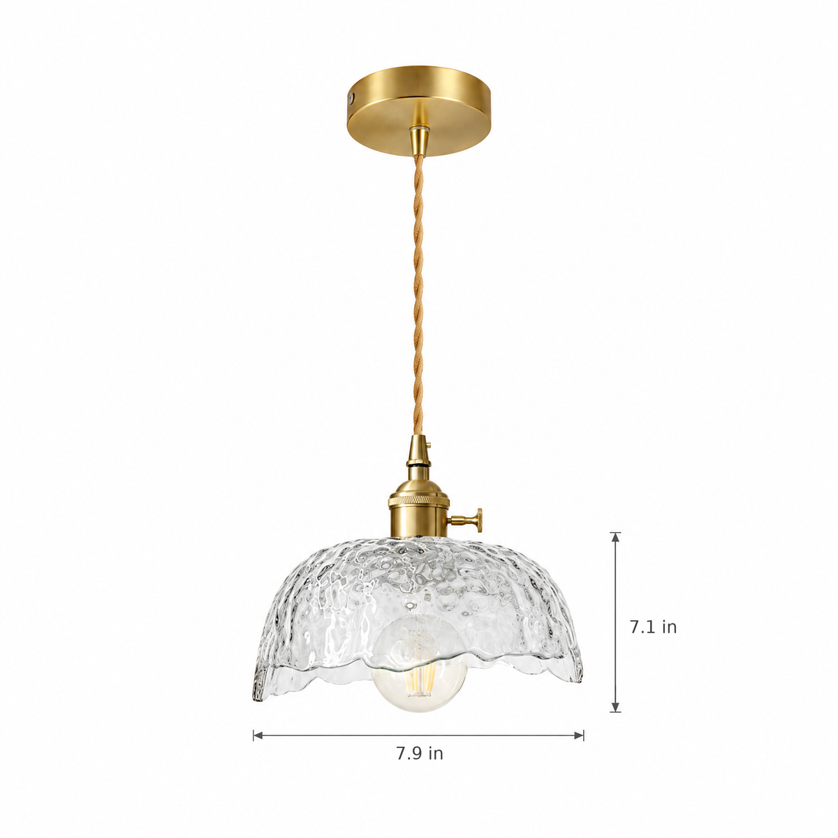 Hammered Glass Pendant Light, Green & Brass - Transparent chandelier on white with dimensions