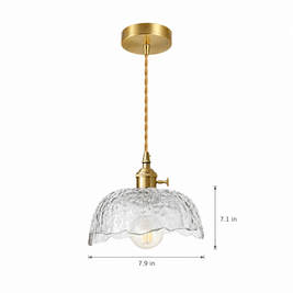 Hammered Glass Pendant Light, Green & Brass - Transparent chandelier on white with dimensions