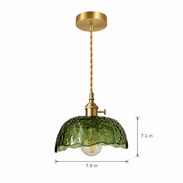Hammered Glass Pendant Light, Green & Brass - Dark green chandelier on white with dimensions