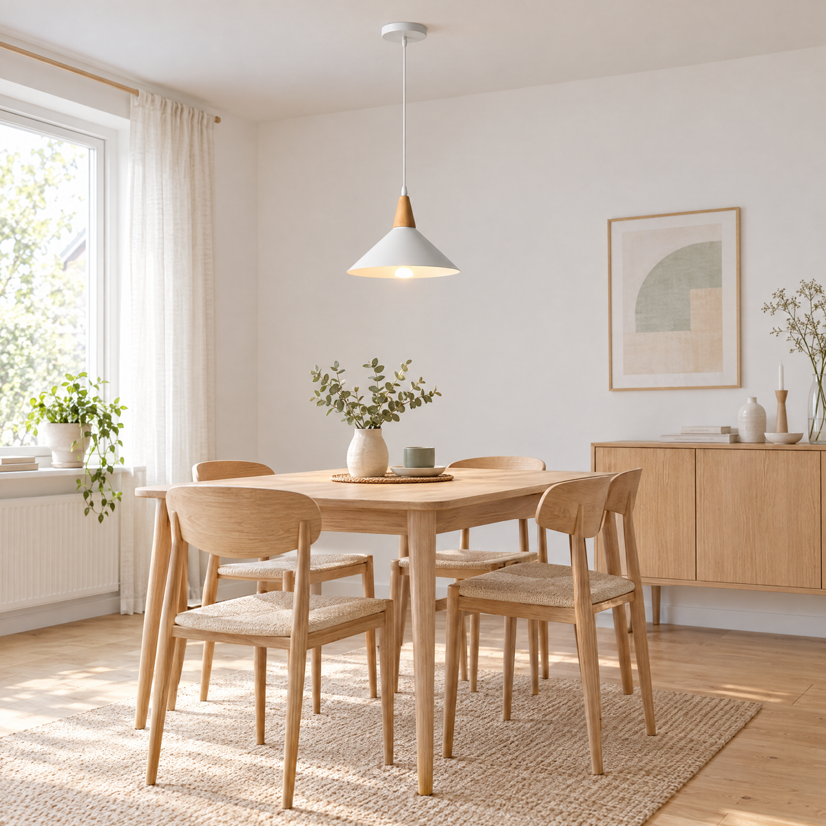 White Cone Pendant Light with Wood Top in a dining room