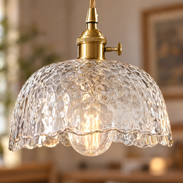 Hammered Glass Pendant Light, Green & Brass - Transparent chandelier close-up detail