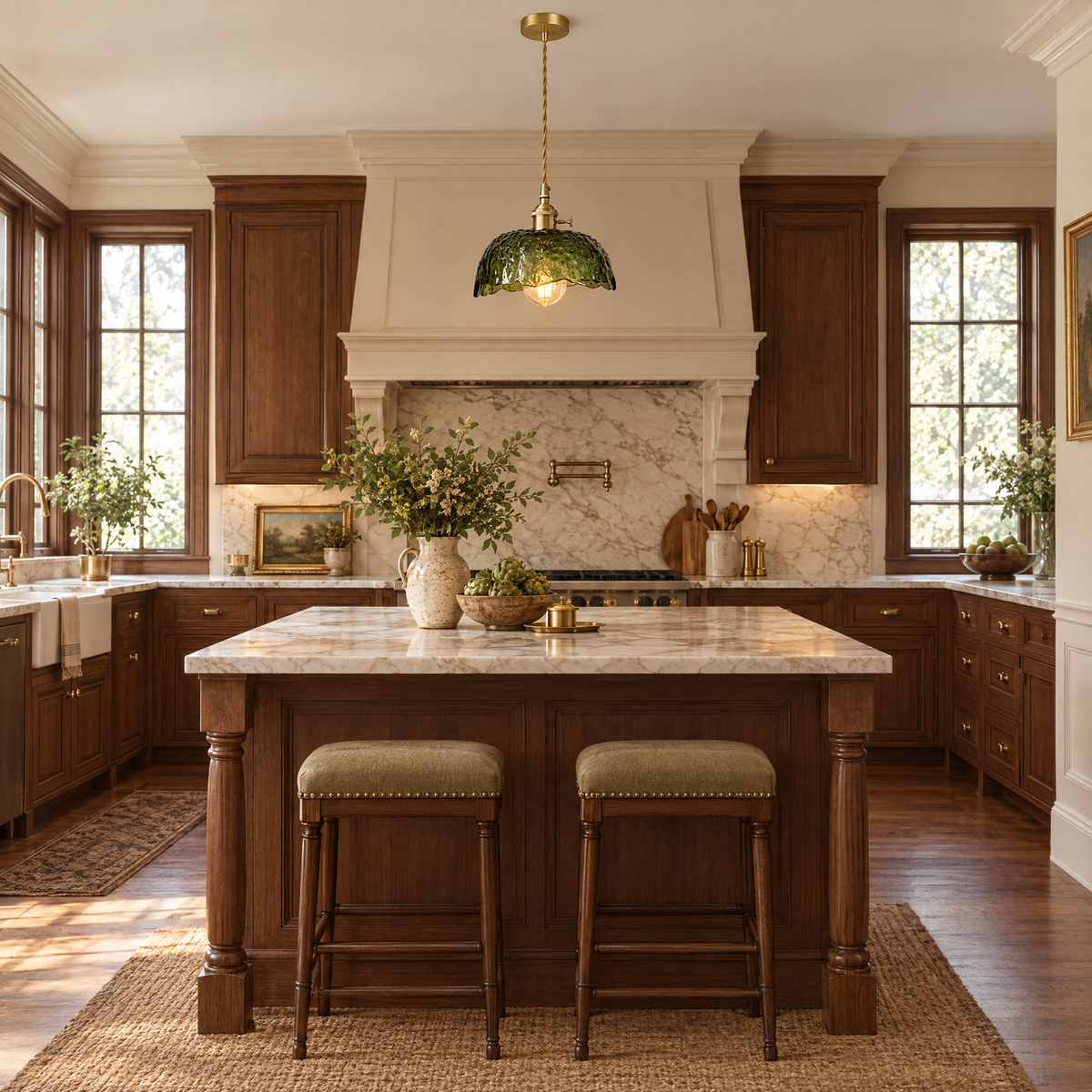 Hammered Glass Pendant Light, Green & Brass - Dark green chandelier in a kitchen