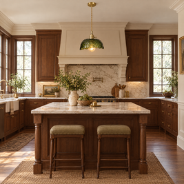Hammered Glass Pendant Light, Green & Brass - Dark green chandelier in a kitchen