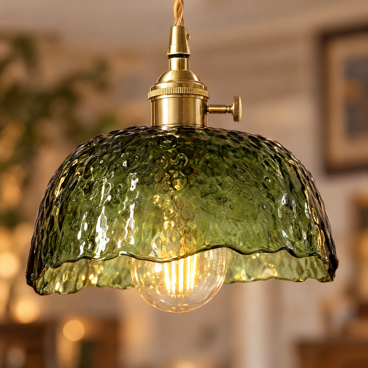 Hammered Glass Pendant Light, Green & Brass - Dark green chandelier close-up detail