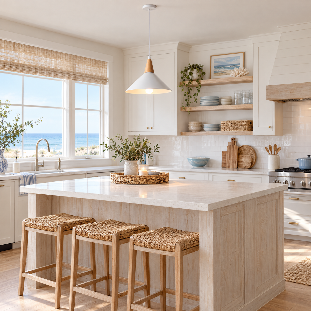 White Cone Pendant Light with Wood Top in a kitchen