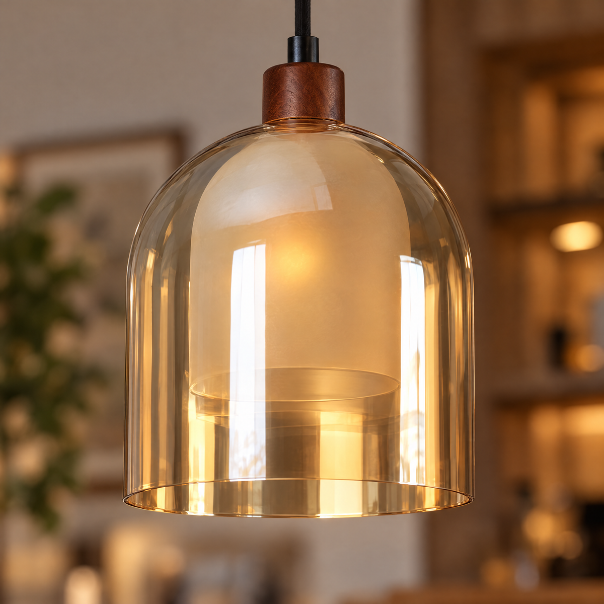 Double Glass Pendant Light, Brown Wood close-up detail