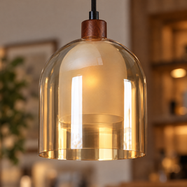 Double Glass Pendant Light, Brown Wood close-up detail