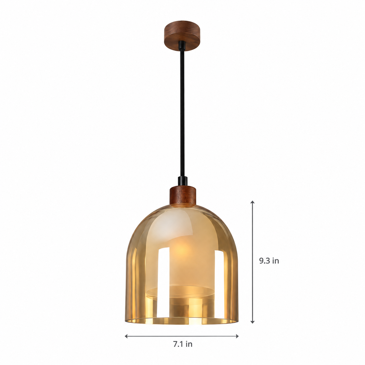 Double Glass Pendant Light, Brown Wood on white with dimensions
