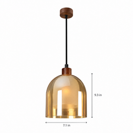 Double Glass Pendant Light, Brown Wood on white with dimensions