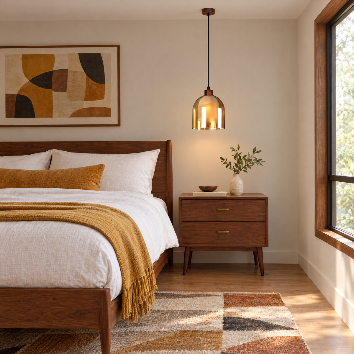 Double Glass Pendant Light, Brown Wood in a bedroom