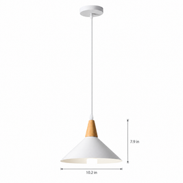 White Cone Pendant Light with Wood Top on white with dimensions