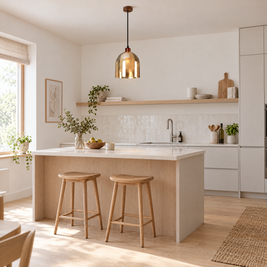 Double Glass Pendant Light, Brown Wood in a kitchen