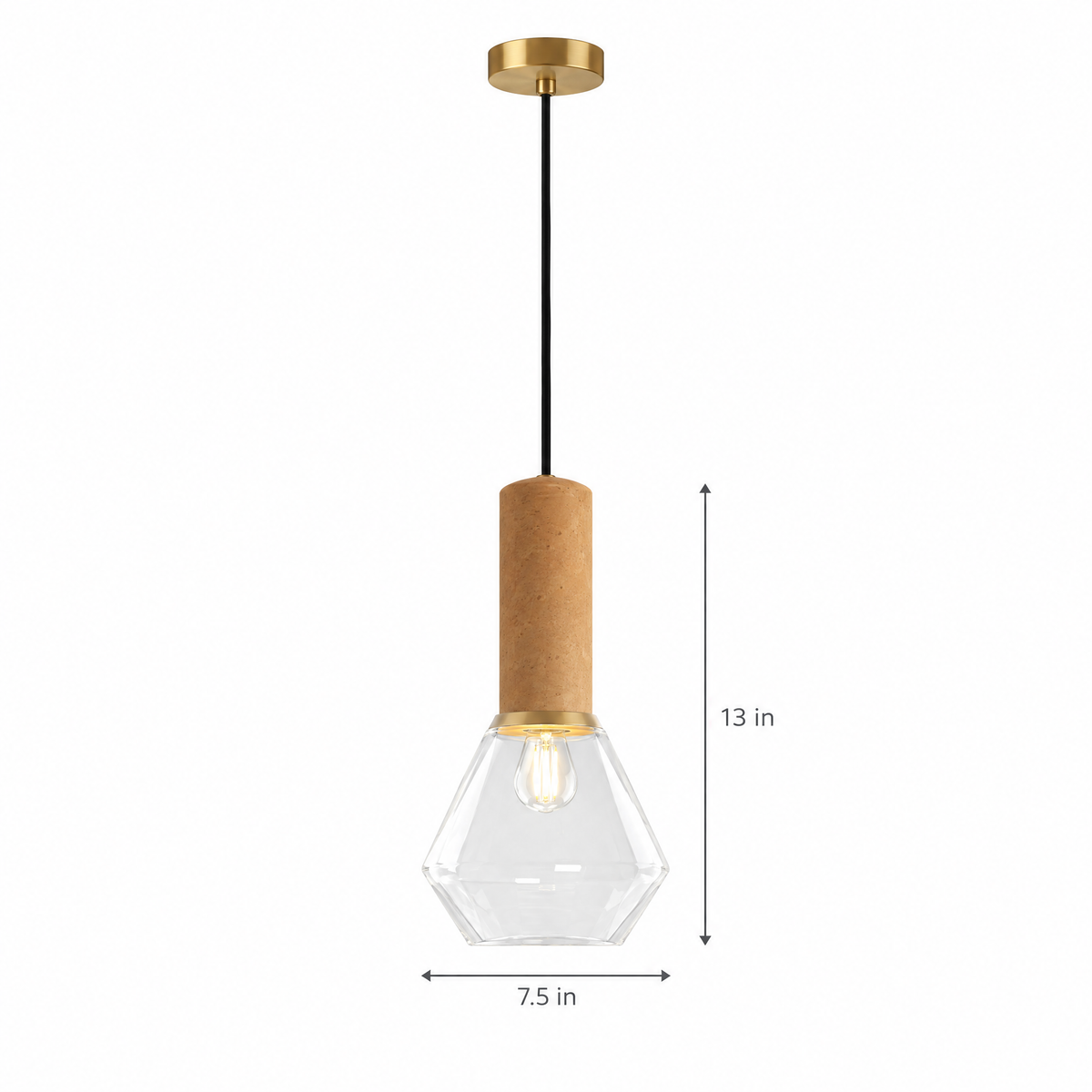 Copper Glass Jar Pendant Light with Wood - Transparent on white with dimensions