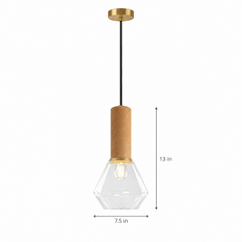 Copper Glass Jar Pendant Light with Wood - Transparent on white with dimensions