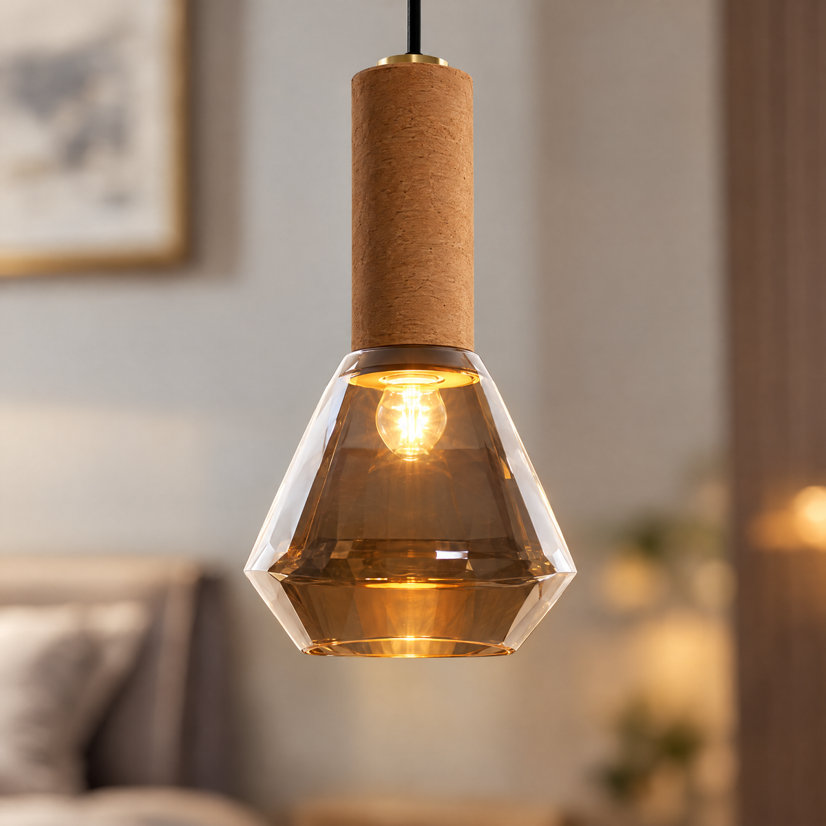Copper Glass Jar Pendant Light with Wood - Cognac close-up detail