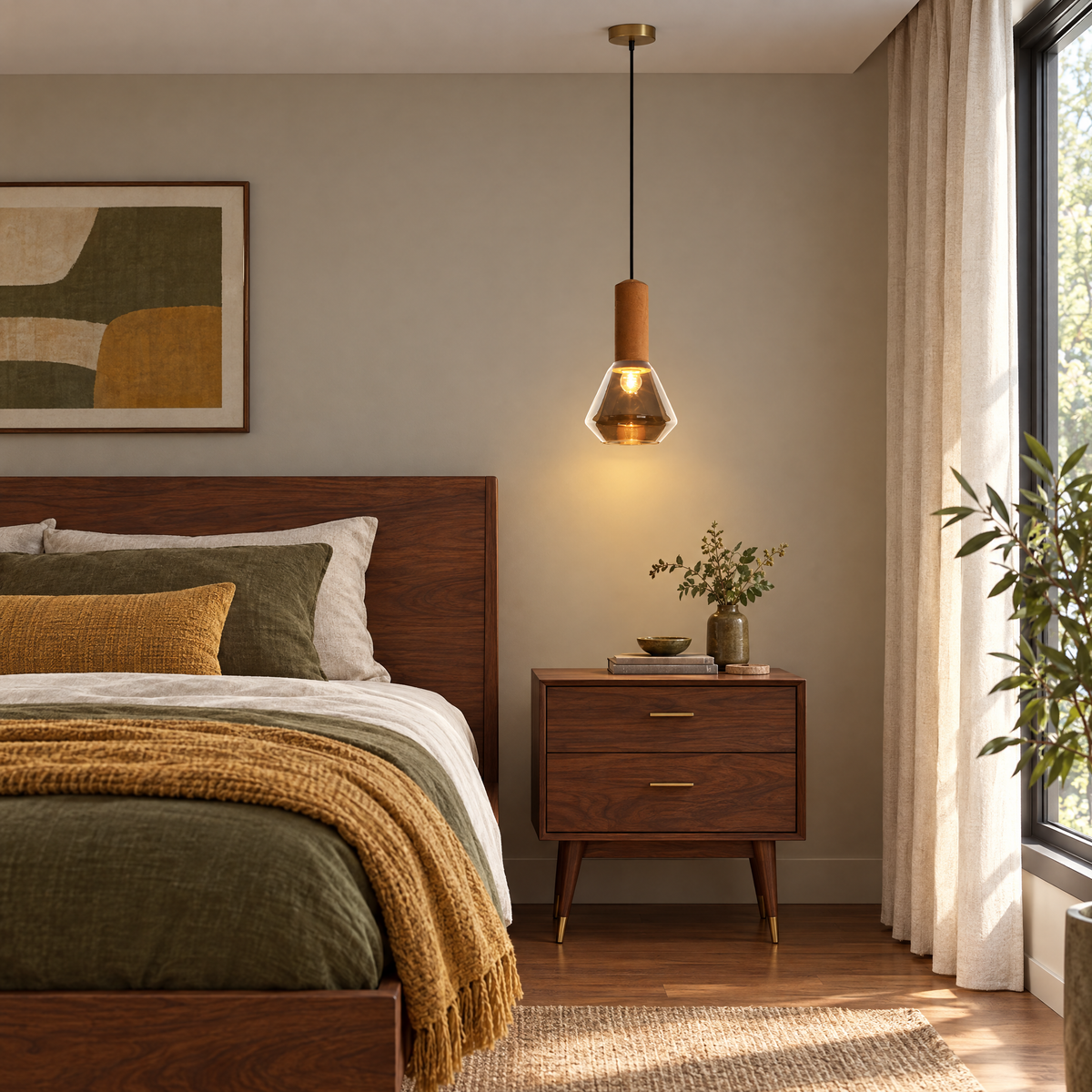 Copper Glass Jar Pendant Light with Wood - Cognac in a bedroom