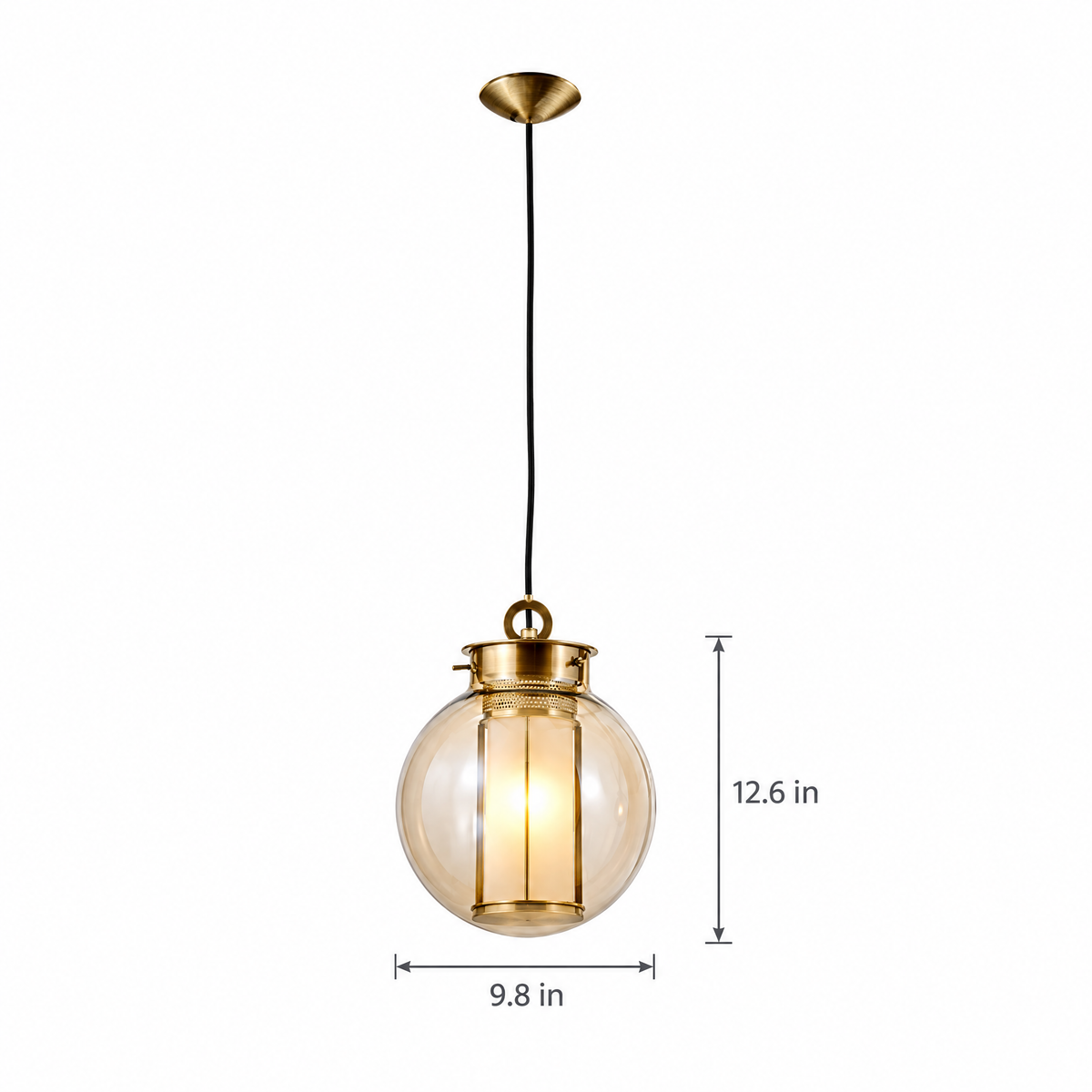 Amber Glass Pendant Light, Post-Modern - 9.8''x12.6'' on white with dimensions