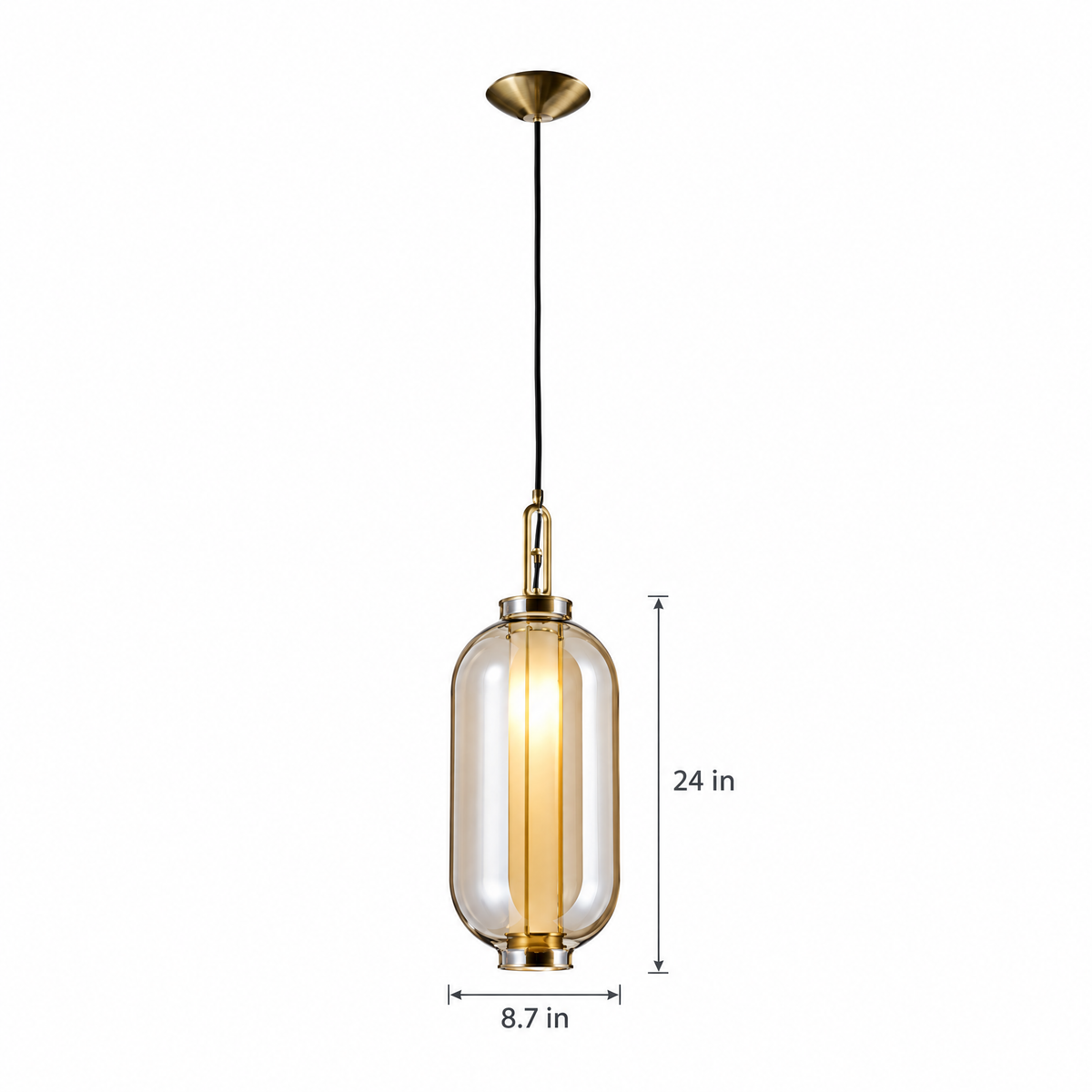 Amber Glass Pendant Light, Post-Modern - 8.7''x24'' on white with dimensions