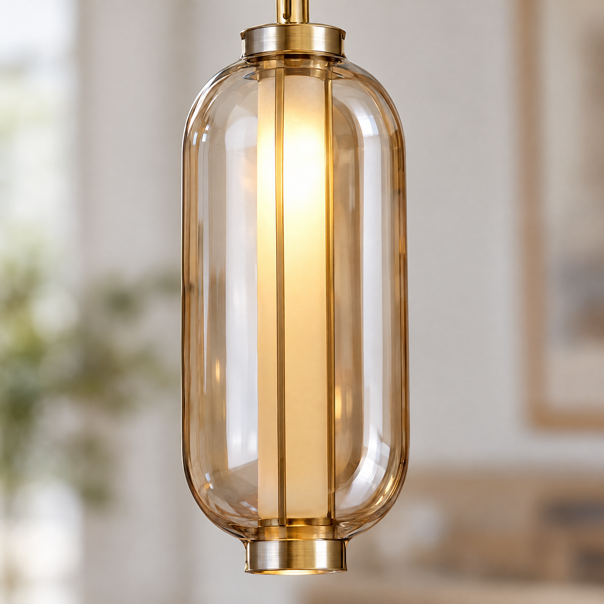 Amber Glass Pendant Light, Post-Modern - 8.7''x24'' close-up detail