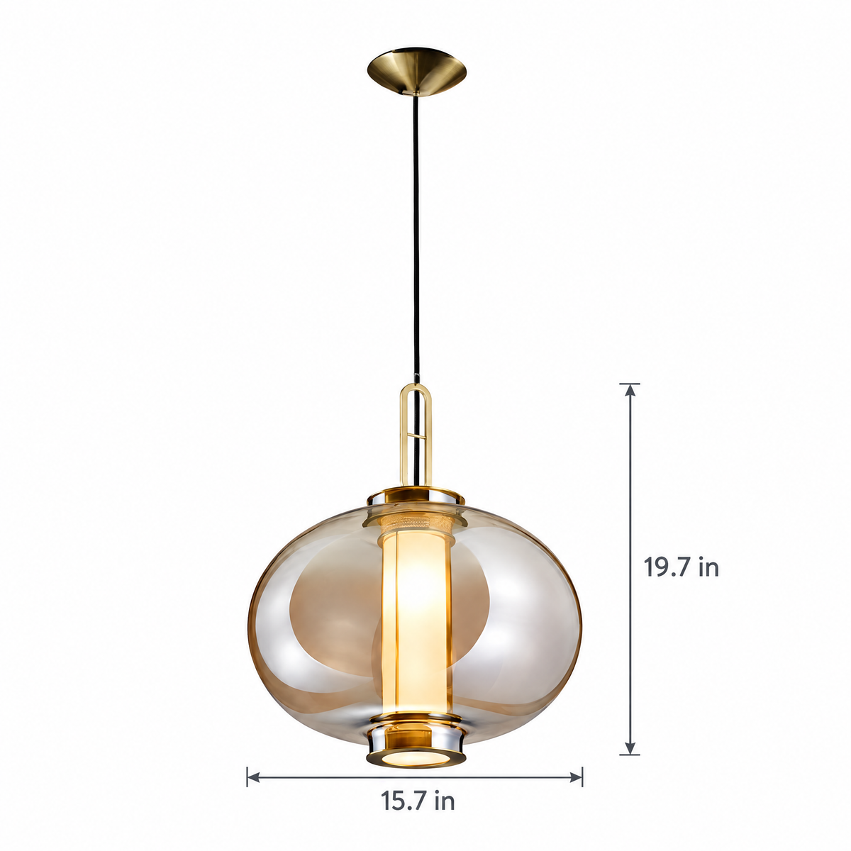 Amber Glass Pendant Light, Post-Modern - 15.7''x19.7'' on white with dimensions