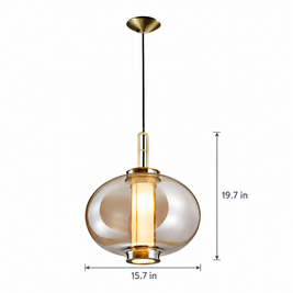 Amber Glass Pendant Light, Post-Modern - 15.7''x19.7'' on white with dimensions