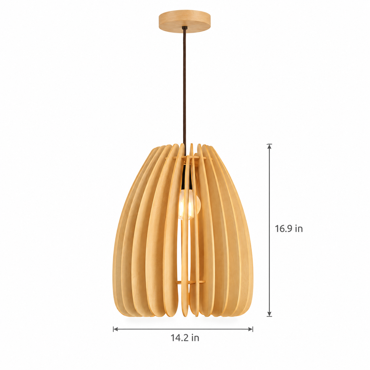 Wood Slat Pendant Light, Rustic Handmade - 14.2''x16.9'' on white with dimensions