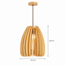 Wood Slat Pendant Light, Rustic Handmade - 14.2''x16.9'' on white with dimensions