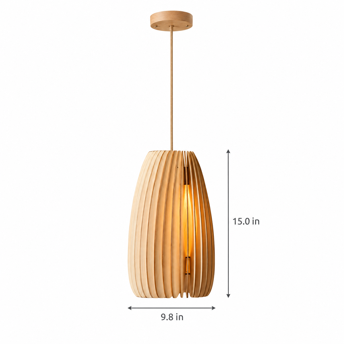 Wood Slat Pendant Light, Rustic Handmade - 9.8''x15'' on white with dimensions