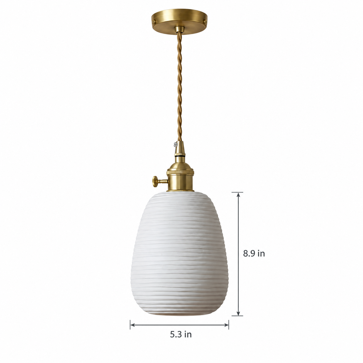 Striped Ceramic Pendant Light, Brass - 5.3''x8.9'' on white with dimensions