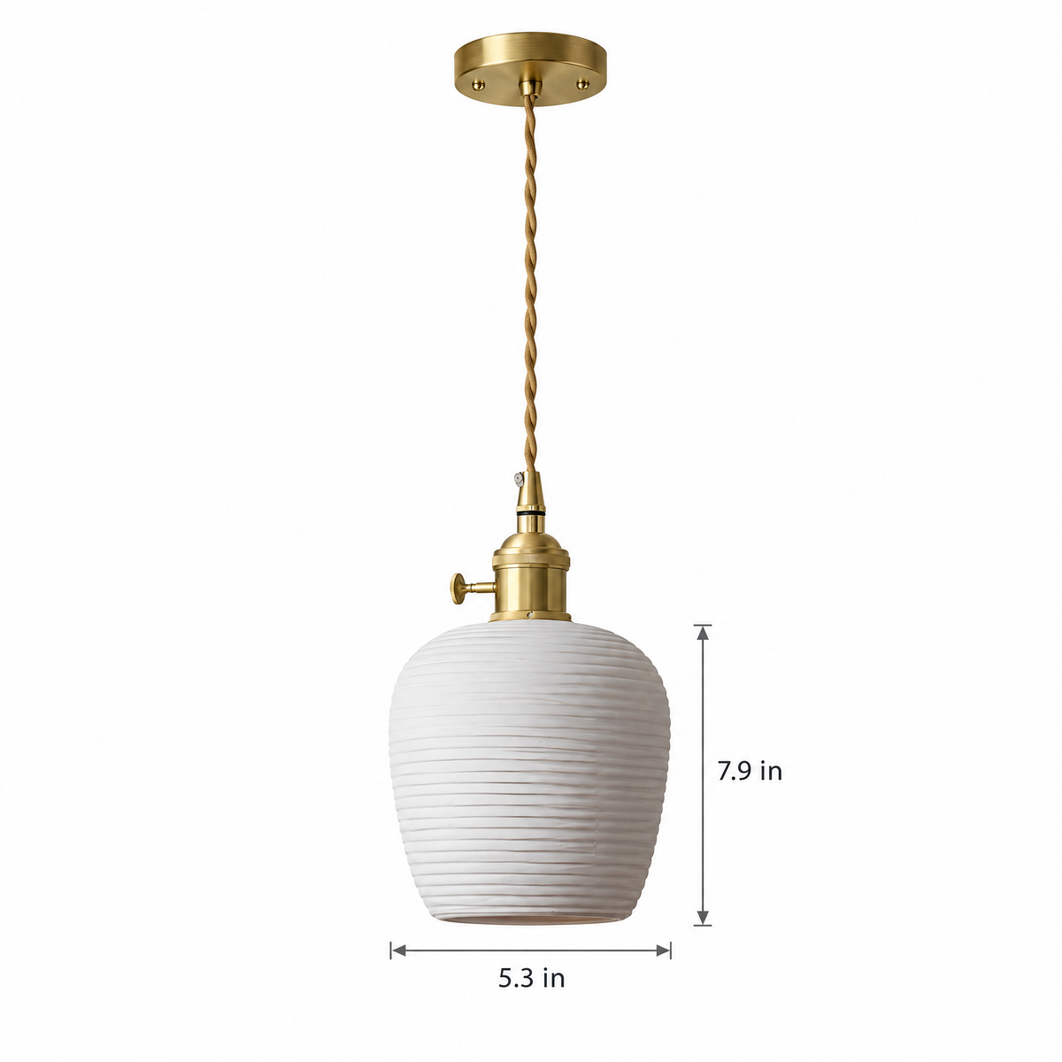Striped Ceramic Pendant Light, Brass - 5.3''x7.9'' on white with dimensions