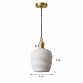 Striped Ceramic Pendant Light, Brass - 5.3''x7.9'' on white with dimensions