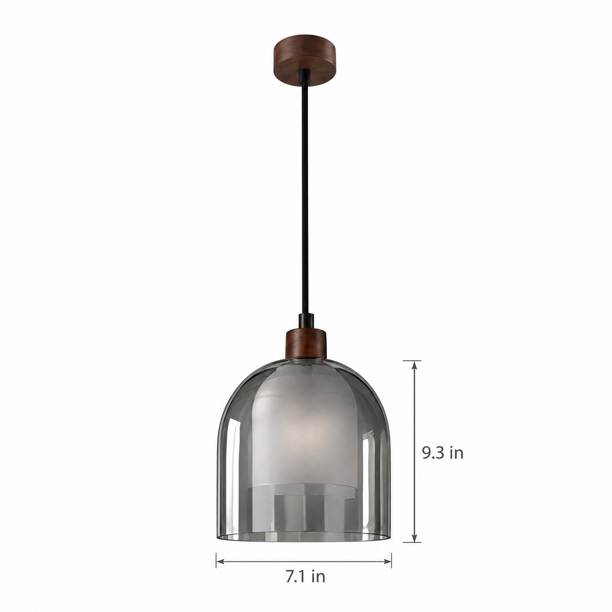 Double Glass Pendant Light, Brown Wood - White on white with dimensions
