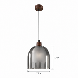 Double Glass Pendant Light, Brown Wood - White on white with dimensions