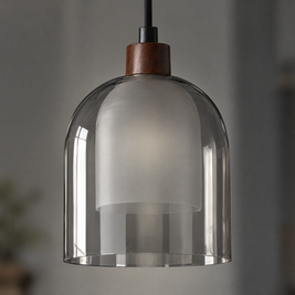 Double Glass Pendant Light, Brown Wood - White close-up detail