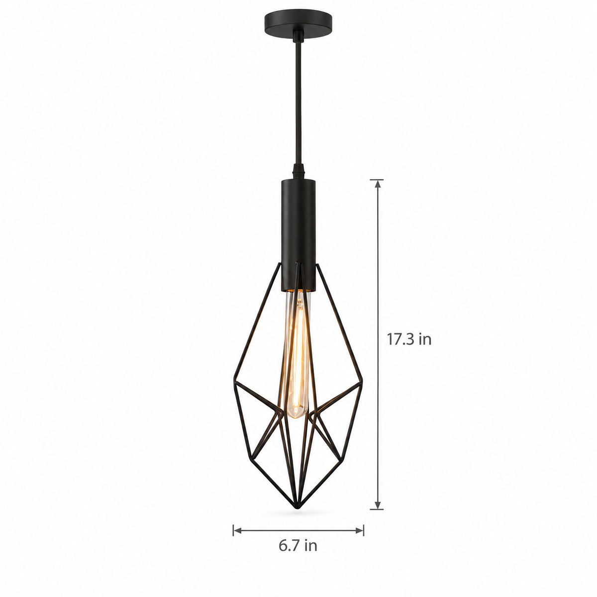 Black Wire Cage Pendant Light, Vintage - 6.7''x17.3'' on white with dimensions