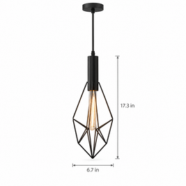 Black Wire Cage Pendant Light, Vintage - 6.7''x17.3'' on white with dimensions