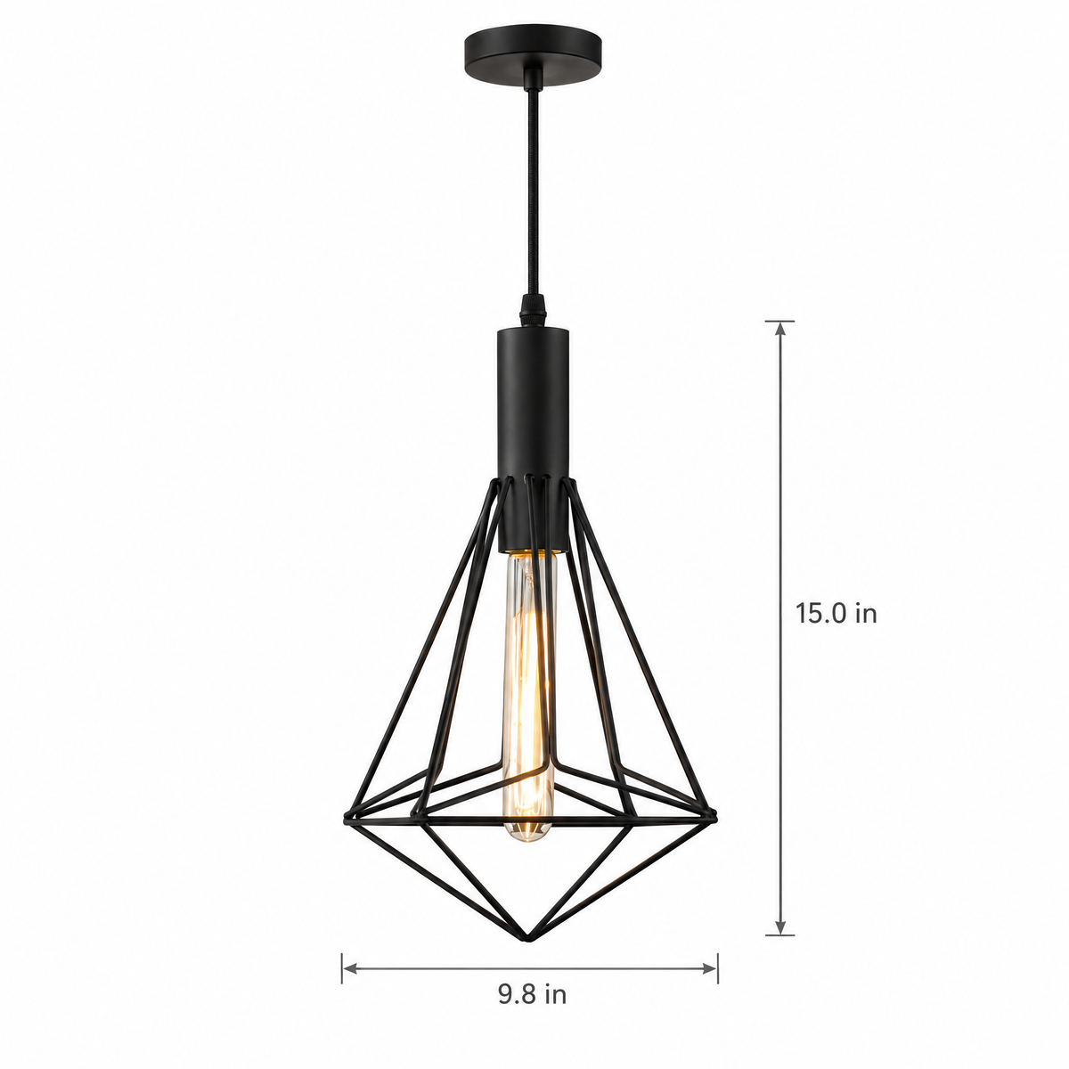 Black Wire Cage Pendant Light, Vintage - 9.8''x15'' on white with dimensions